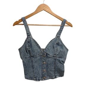 Forever 21 Blue Sleeveless Denim Crop Top with Buttons Shirred Panel